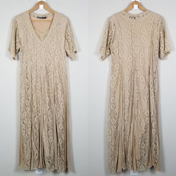 Avant Garde VTG 80s Bohemian Cottage Floral Lace Beige Flowy Rayon Dress Size M - Picture 9 of 16